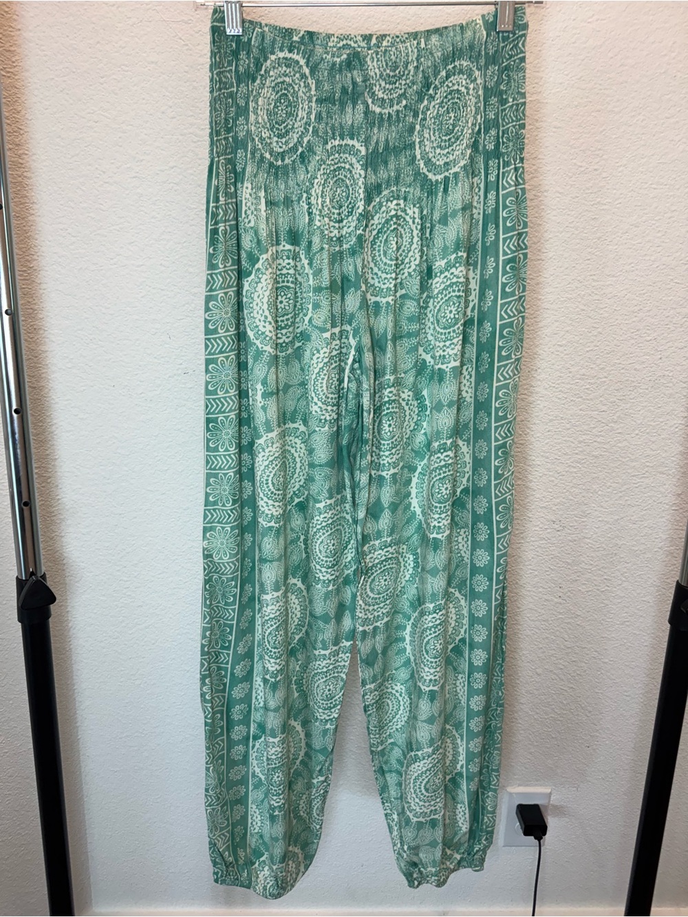 Lotus and Luna Boho Harem Pants Green White Medallion Print One Size